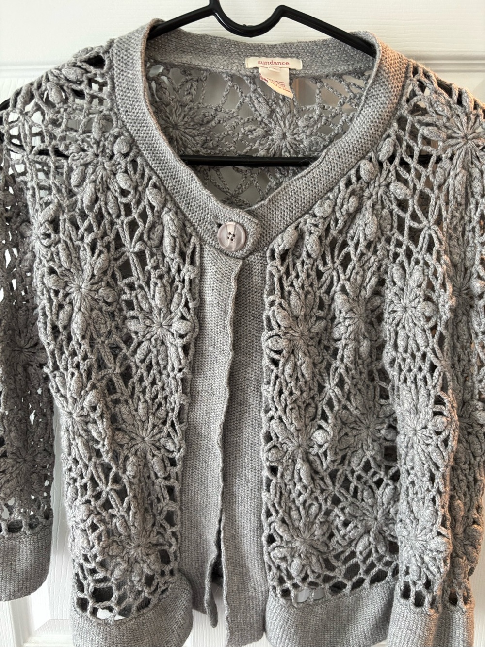 Sundance Light Gray Crocheted Floral Openwork Cardigan